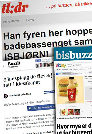 – LITE IMPONERENDE: Det sier professor Arne Krumsvik om norske mediehus' satsing på såkalt «buzzjournalistikk». Her skjermbilder fra TLDR.no, Superlike.no, Bisbuzz.no, Bonanza.no og Buzzit.no. FOTO: SKJERMDUMP/MONTASJE