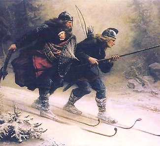 Maleriet Birkebeinerne av Knud Bergslien fra 1869 viser birkebeinerne Torstein Skevla og Skjervald Skrukka som frakter den vesle Håkon Håkonsson, kongssønnen, til Nidaros i 1206.